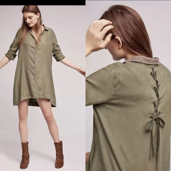 Cloth & Stone Shirt Dress Olive Green  Lace-Up Back Utility Grunge Farryn casual - Picture 1 of 7